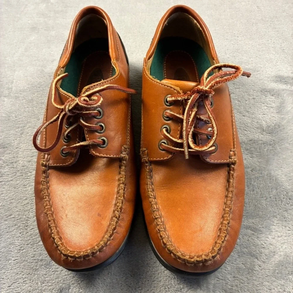 Rockport Men's Tan Leather Moc Toe Boat Shoes Goodyear Slip Resistant Sole 7.5 M
